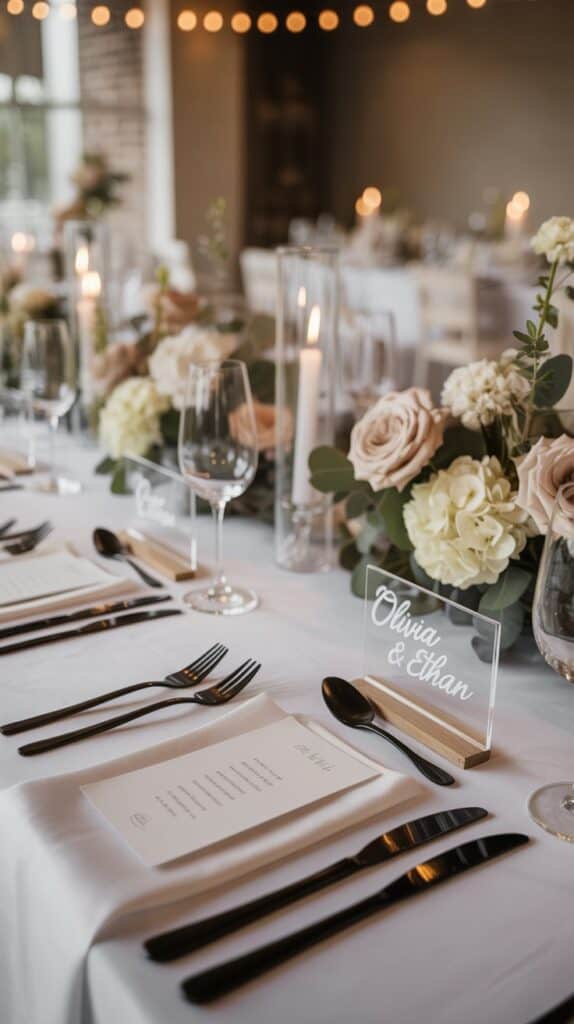 Minimalist modern fall wedding table with black cutlery, white florals, and acrylic name cards