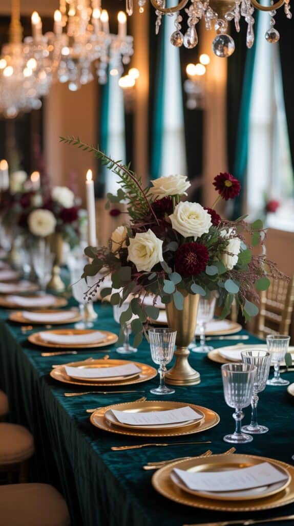 Dramatic fall wedding tablescape with velvet linens, gold chargers, tall florals, and chandelier lighting