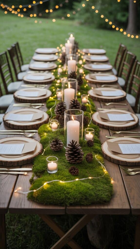 Whimsical woodland fall wedding table with moss runner, candles, and pinecone accents
