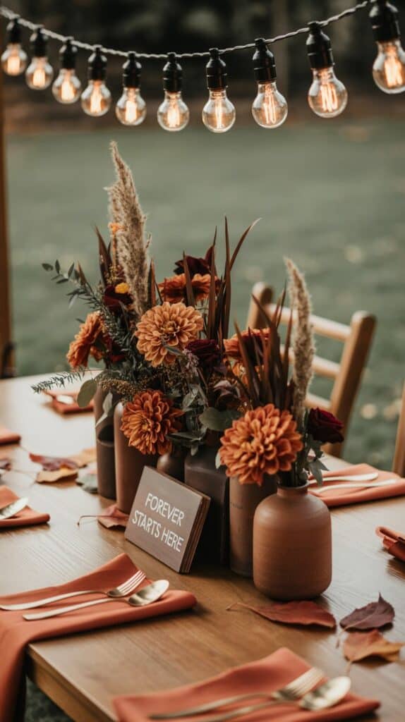 Copper and terracotta fall wedding tablescape with burnt orange florals and clay vase accents
