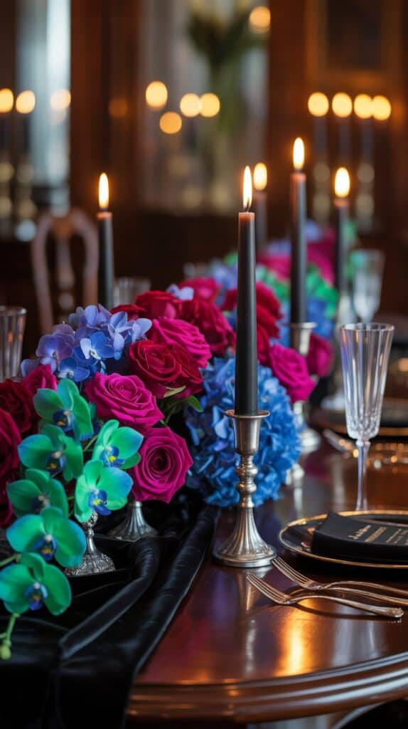 Fall wedding table with black linens, jewel tone florals, black candles, and metallic accents