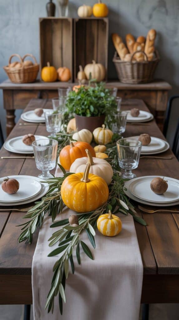 Farm to table fall wedding tablescape with squash, herbs, olive branches, and rustic bread baskets