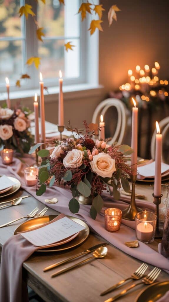Blush and bronze fall wedding tablescape with soft florals, rose gold cutlery, and candlelight