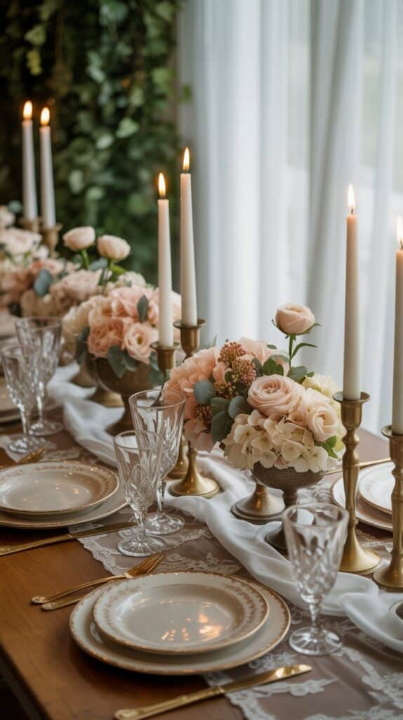 Vintage fall wedding table with lace runner, antique candlesticks, and muted floral arrangements