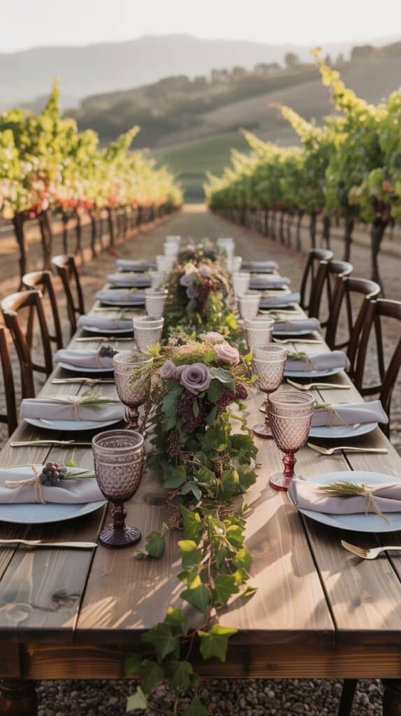 Vineyard fall wedding tablescape with greenery, wine napkins, wooden tables, and grape details