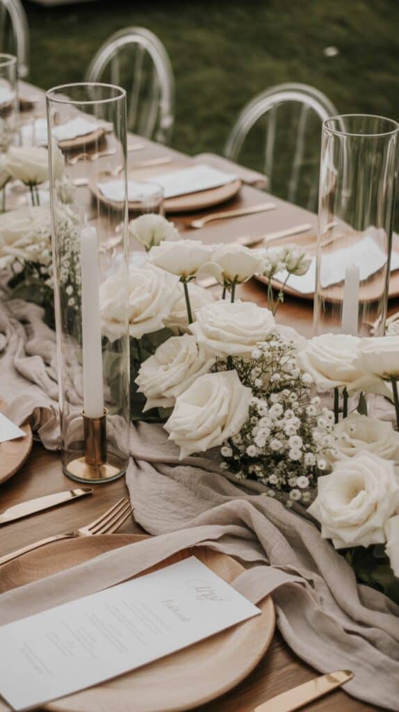 Elegant fall wedding table in neutral beige and ivory with white florals and glass candle hurricanes