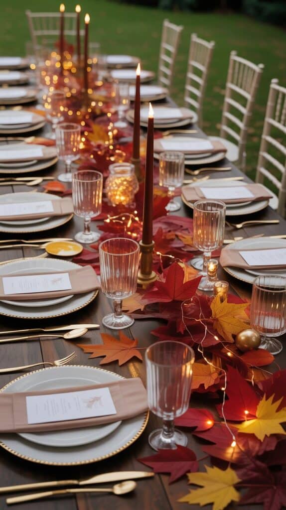 Autumn leaf wedding tablescape with red, orange, and gold leaves accented by fairy lights