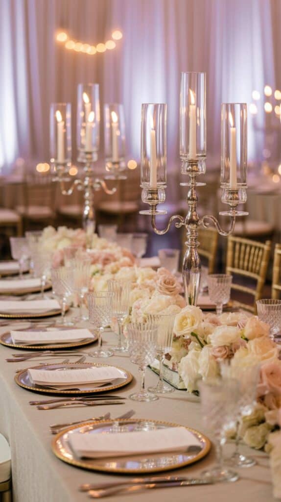 Glamorous fall wedding tablescape with crystal candelabras, mirrored chargers, and silver accents
