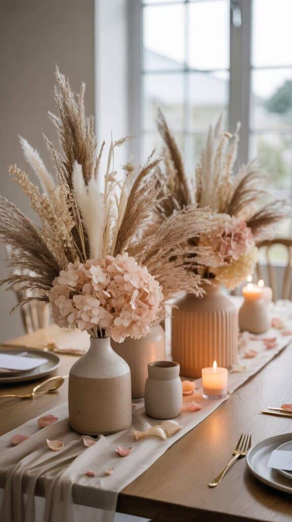 Dried floral fall wedding tablescape with pampas grass, hydrangeas, and ceramic vases