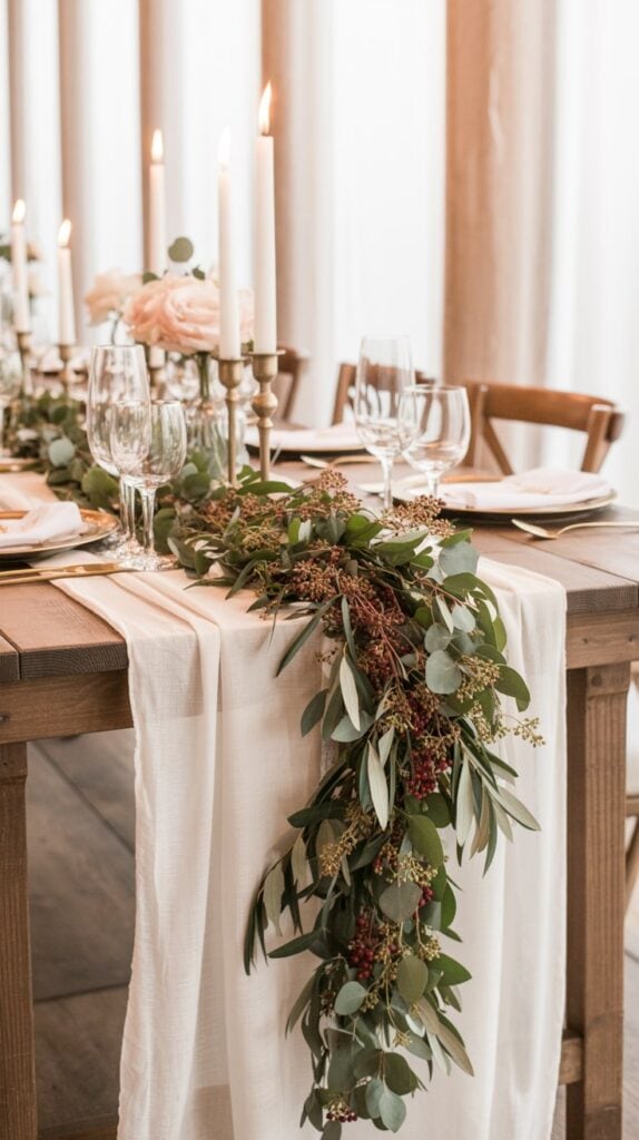 Classic fall wedding tablescape with white linens, greenery garland, and candles on rustic wooden tables