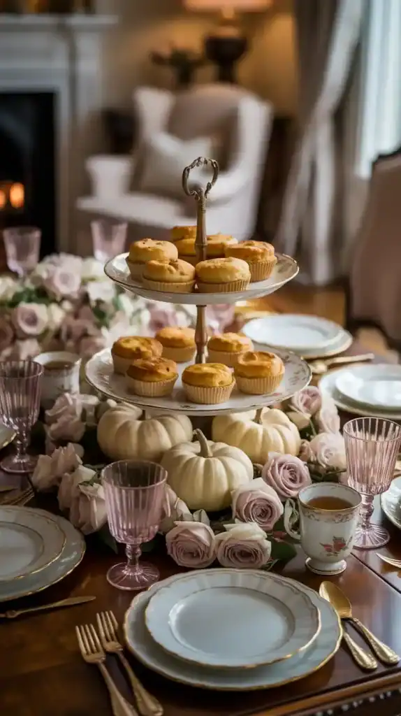 Elegant autumn dining table with gold-rimmed china, white pumpkins, tiered tray of scones, and soft floral accents in warm light.