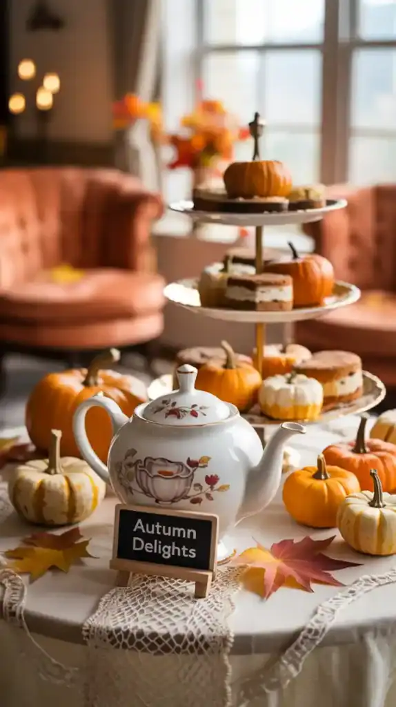 Pumpkin spice themed tea party with orange and cream decor, mini pumpkins, and pumpkin desserts Pumpkin spice themed tea party with orange and cream decor, mini pumpkins, and pumpkin desserts