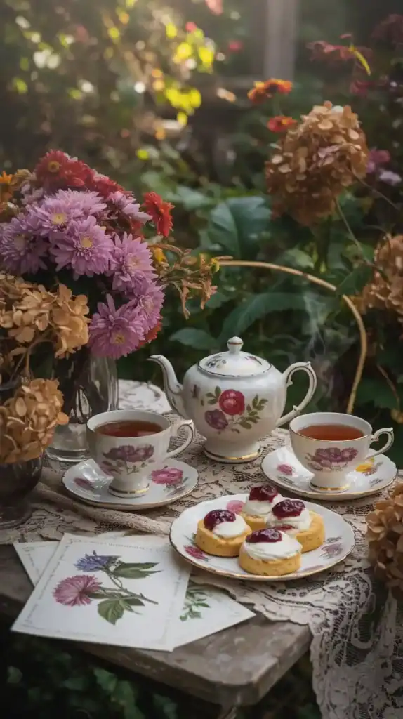 Garden-inspired autumn tea party with chrysanthemums, dried flowers, and botanical elements Garden-inspired autumn tea party with chrysanthemums, dried flowers, and botanical elements
