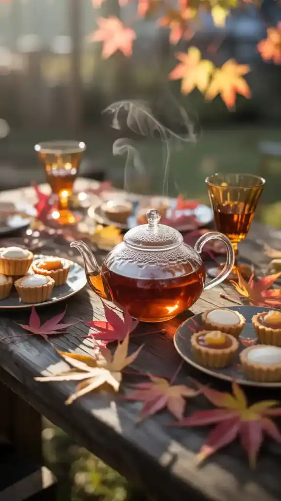 Maple-themed autumn tea party with maple leaves, amber glassware, and maple-infused treats Maple-themed autumn tea party with maple leaves, amber glassware, and maple-infused treats
