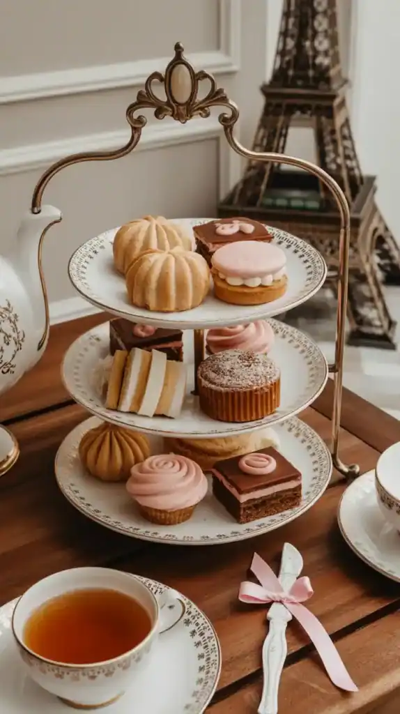 Parisian-inspired autumn tea party with French pastries, vintage elements, and Eiffel Tower accents Parisian-inspired autumn tea party with French pastries, vintage elements, and Eiffel Tower accents