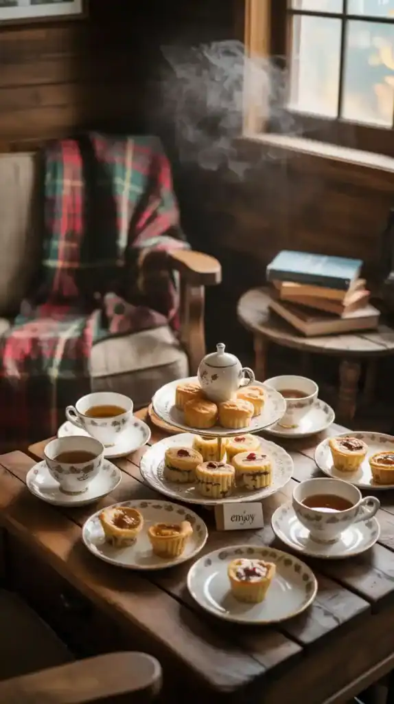 Rustic cabin-inspired autumn tea party with plaid textiles, wooden elements, and comfort foods Rustic cabin-inspired autumn tea party with plaid textiles, wooden elements, and comfort foods