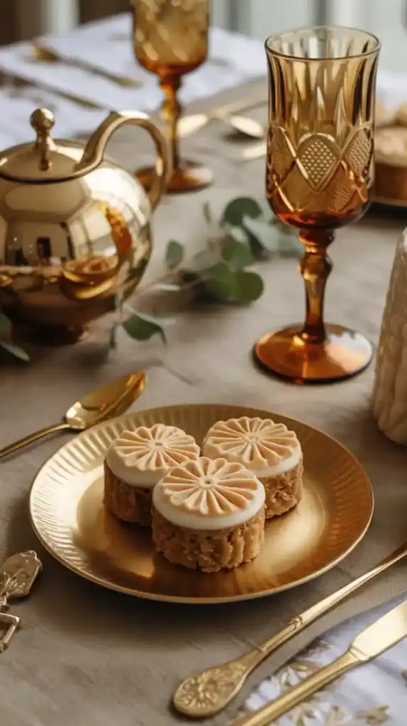 Gold-accented autumn tea party with metallic elements, amber glassware, and elegant treats Gold-accented autumn tea party with metallic elements, amber glassware, and elegant treats