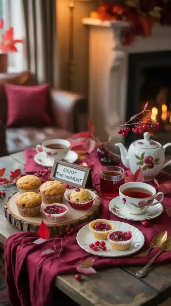 Cranberry-themed autumn tea party with deep red accents, cranberry decorations, and cranberry treats Cranberry-themed autumn tea party with deep red accents, cranberry decorations, and cranberry treats
