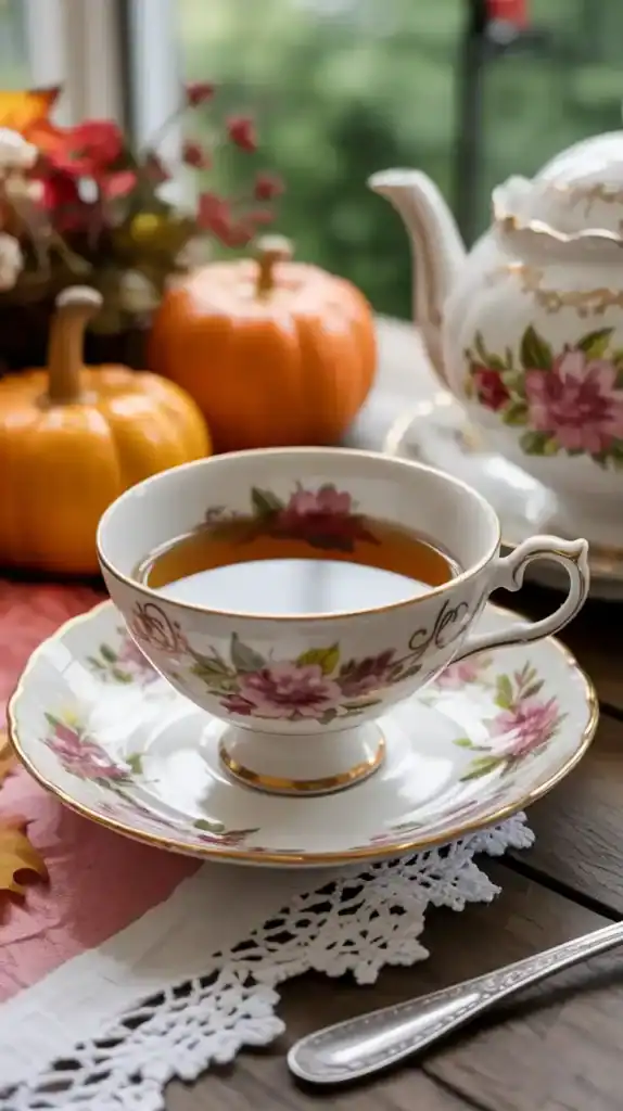 Vintage-inspired autumn tea party with antique teacups, lace elements, and nostalgic touches Vintage-inspired autumn tea party with antique teacups, lace elements, and nostalgic touches