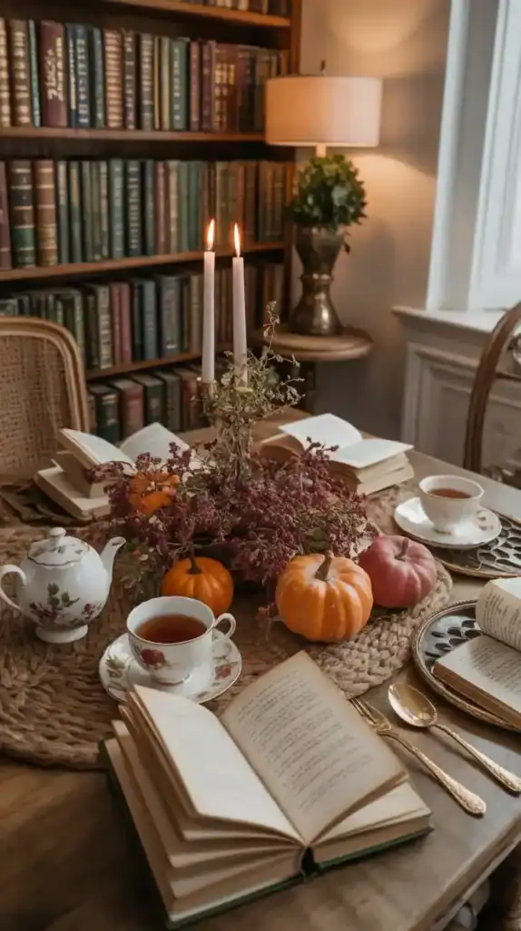Literary-inspired autumn tea party with books, reading nooks, and cozy elements Literary-inspired autumn tea party with books, reading nooks, and cozy elements