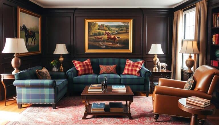 Ralph Lauren living room with plaid sofa, leather armchair, and equestrian artwork