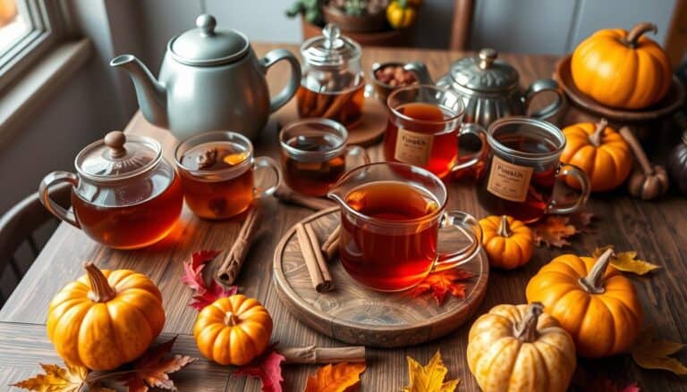 Rustic wooden table with pumpkin spice tea station featuring teapots, fall tea varieties, and small pumpkins
