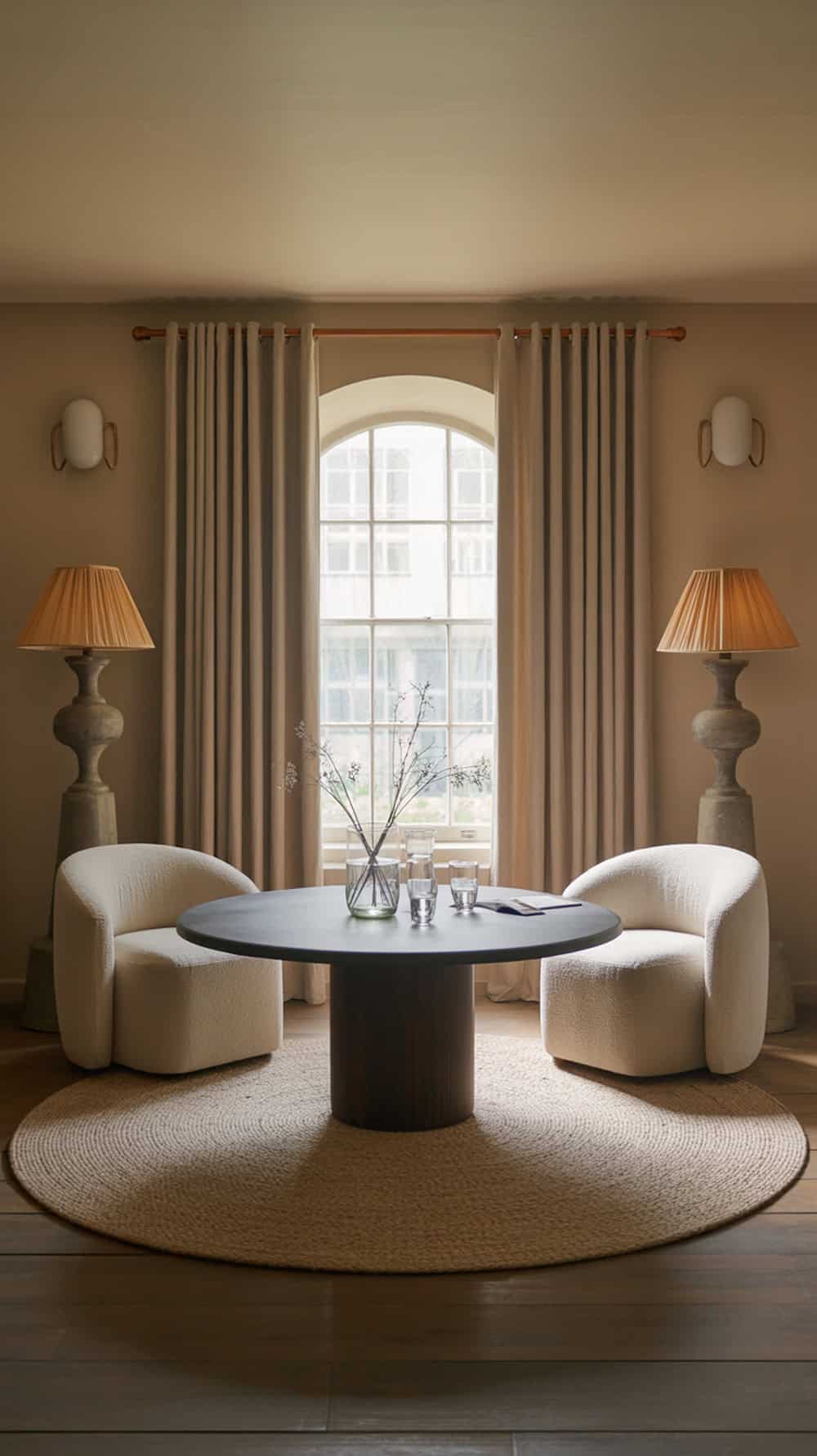 A round table with a wooden base surrounded by soft upholstered chairs, with a window in the background and a vase of flowers on the table.