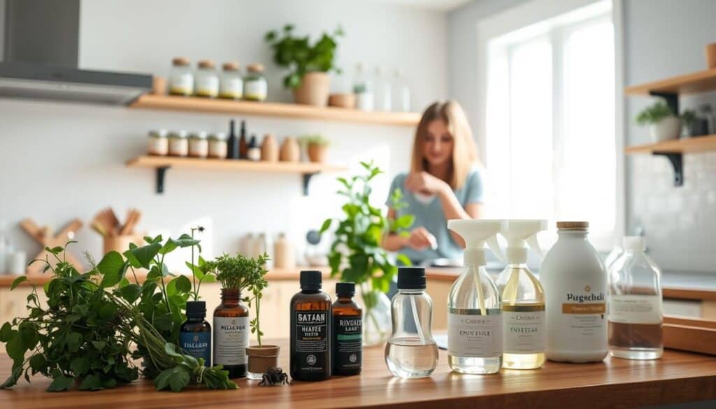 A bright, well-lit kitchen interior with natural lighting from a large window. In the foreground, various eco-friendly spider deterrents are displayed on a wooden countertop, including fresh herbs, essential oil diffusers, and vinegar-based sprays. In the middle ground, a woman in casual clothing is examining a plant, inspecting it for any signs of spider activity. The background features tidy shelves with labeled jars of natural cleaning solutions. The overall atmosphere is one of a clean, organized, and sustainable home environment.