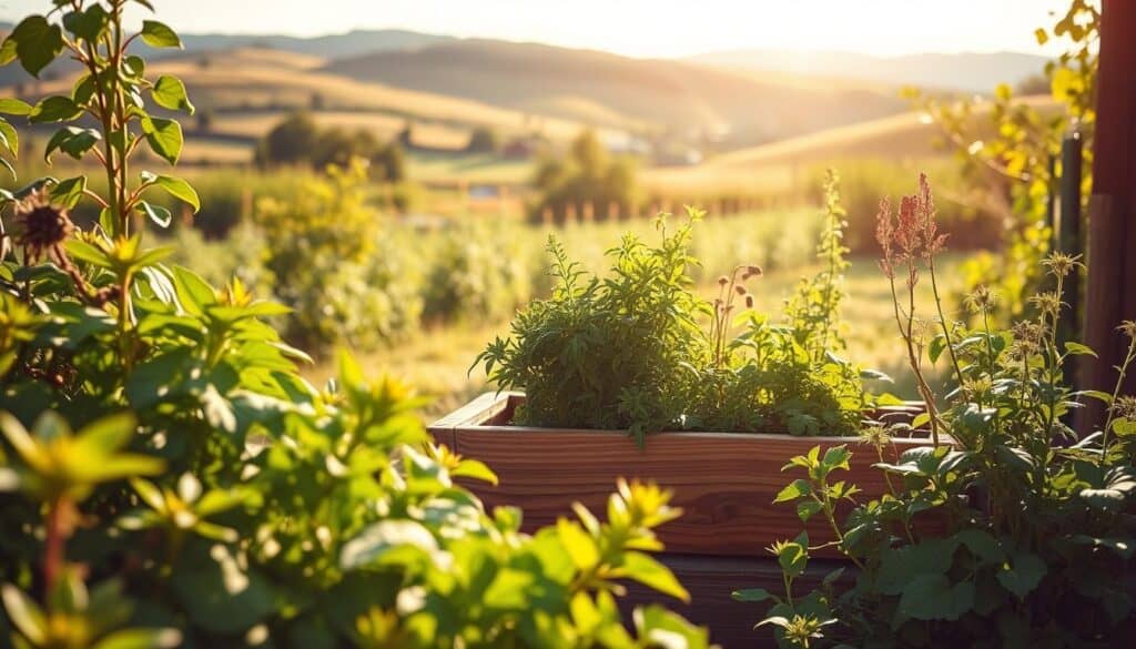 A lush, verdant garden scene with various organic pest control methods in the foreground. In the middle ground, a wooden planter box filled with aromatic herbs and companion plants. In the background, a sun-dappled landscape with rolling hills and a clear sky. Warm, diffused lighting creates a serene, naturalistic atmosphere. The image captures the essence of sustainable, chemical-free pest management for the home. Detailed textures, vibrant colors, and a sense of depth and balance convey the effectiveness and beauty of organic pest control solutions.