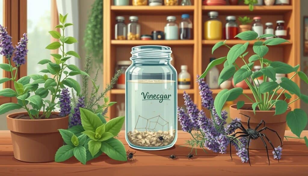 A well-lit, detailed illustration of natural, non-toxic spider control methods using household items. In the foreground, a collection of spider-deterring plants such as mint, lavender, and citronella. In the middle ground, an open jar filled with a natural repellent solution of water, vinegar, and essential oils. In the background, a wooden shelving unit stocked with jars, bottles, and other household items for DIY pest control. The scene has a warm, earthy tone, conveying an organic, eco-friendly approach to spider management.