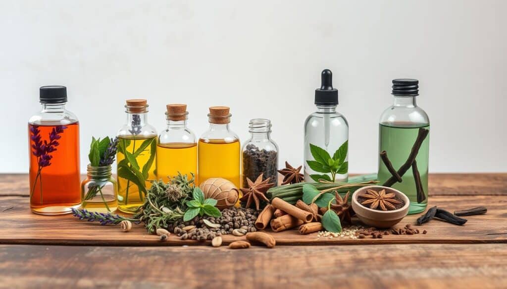 A well-lit, high-resolution photograph of an assortment of essential oils and natural ingredients arranged on a rustic wooden table. The foreground features glass bottles filled with vibrant liquids like lavender, lemongrass, peppermint, and clove oils. In the middle ground, dried herbs, spices, and aromatic plant materials are scattered around the bottles. The background showcases a plain, neutral-toned wall, creating a clean, minimalist backdrop that allows the natural elements to take center stage. The overall composition conveys a sense of tranquility, wellness, and the power of nature as an effective, chemical-free spider repellent solution for the home.