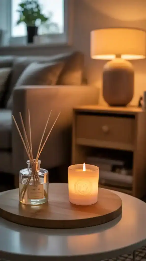 Relaxing home atmosphere with warm candlelight and gentle scent diffusers