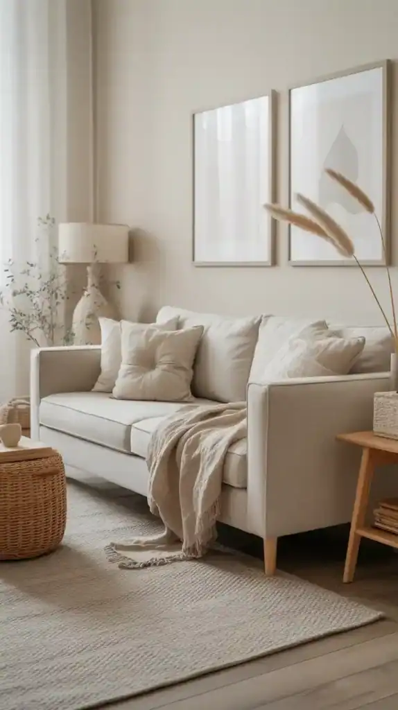 Neutral living room with beige sofa and soft white tones creating a calm, high-end foundation on a budget