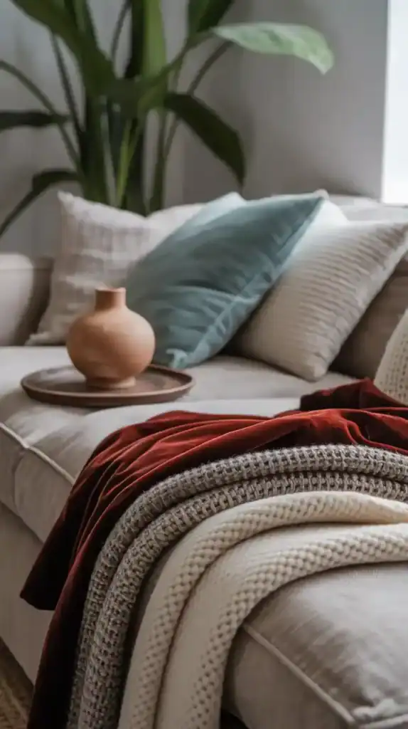 Layered textures with velvet cushions, linen fabrics, and ceramic decor for affordable luxury