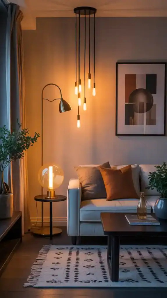 Layered warm lighting with brass and linen lamps to create a soft designer look