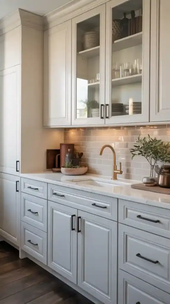 Easy home upgrade with new cabinet hardware and gold faucet for a modern high-end finish