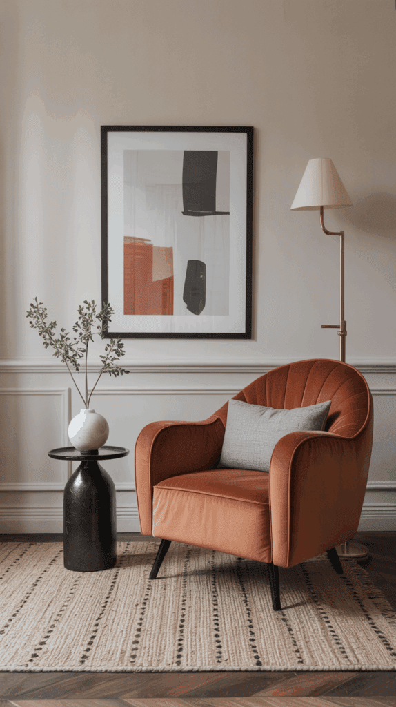 Affordable interior design using one statement chair and art piece for impact