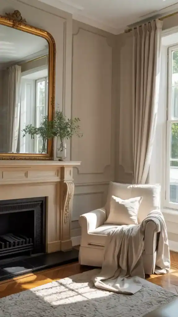 Wall molding painted in beige tones adds depth and Parisian-inspired luxury on a budget