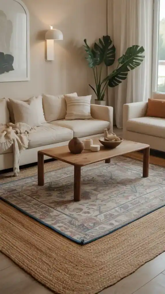 Layered rugs in neutral tones create warmth and dimension for an expensive look