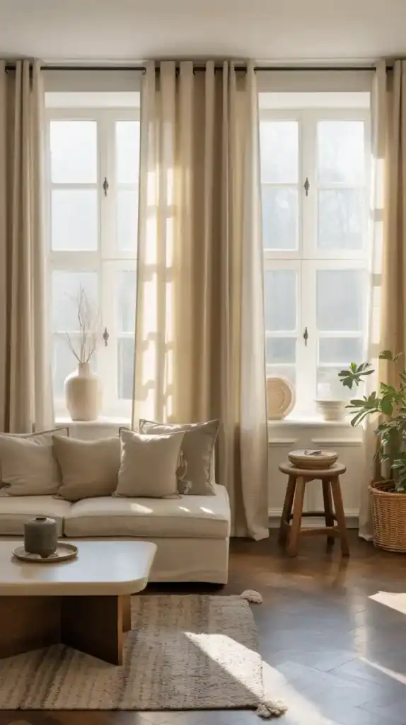 High-hung linen curtains make ceilings appear taller and the room more elegant