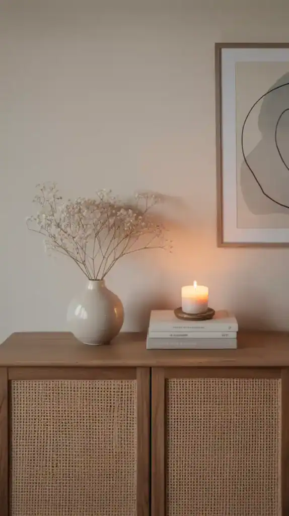 Decluttered console with minimal decor showing how less creates a high-end feel