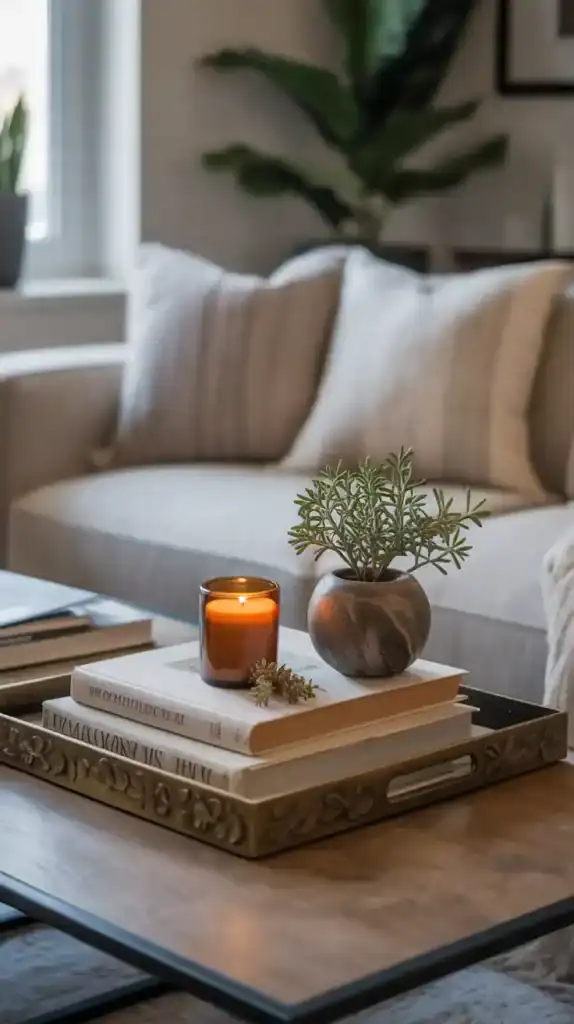 Coffee table styled with books and candles for an effortlessly curated look