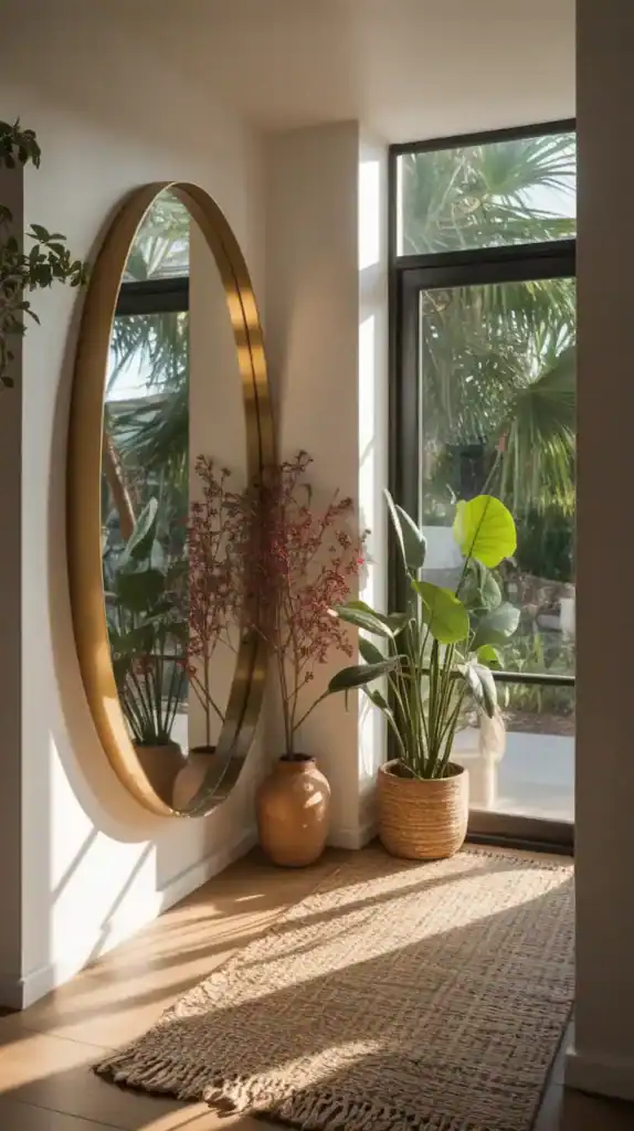 Round gold mirror adds light and makes small spaces feel bigger and luxurious