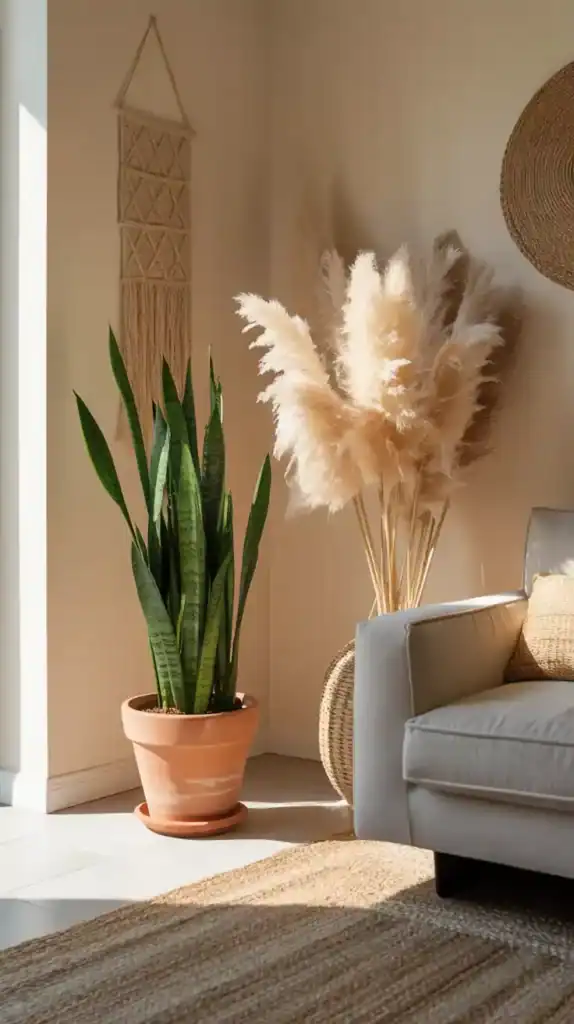 Indoor plants and pampas grass bring organic texture to a calm modern space