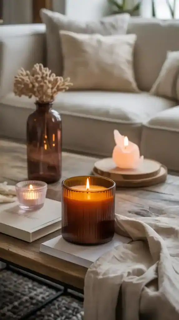 Amber candle and warm tones adding signature scent and cozy designer vibes
