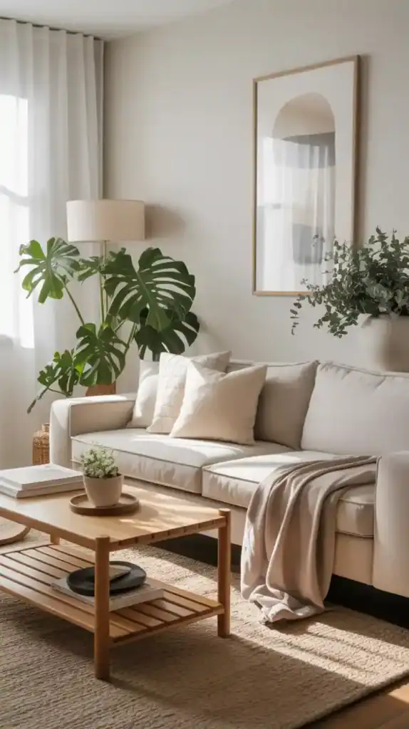 Clean, uncluttered neutral living room showing how tidiness elevates any home