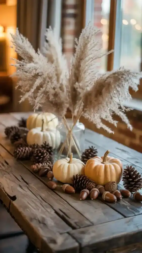 Fall nature-inspired vignette with pampas grass, pinecones, and pumpkins