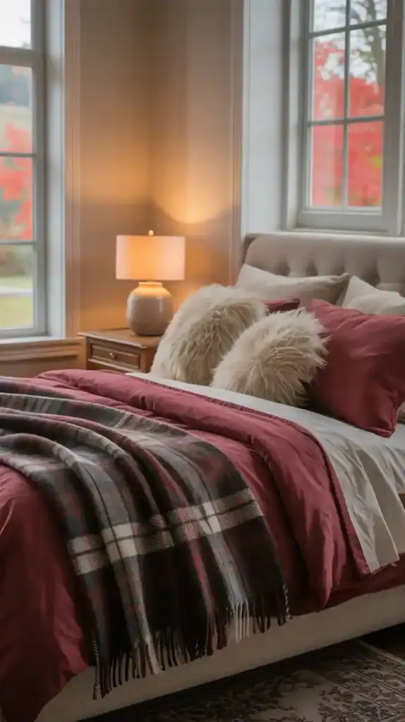Cozy fall bedroom with plaid blanket and layered flannel bedding