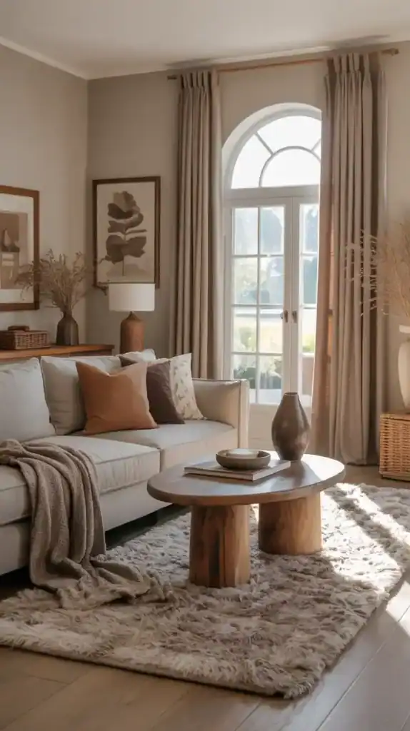Living room with earthy taupe curtains adding cozy warmth for fall