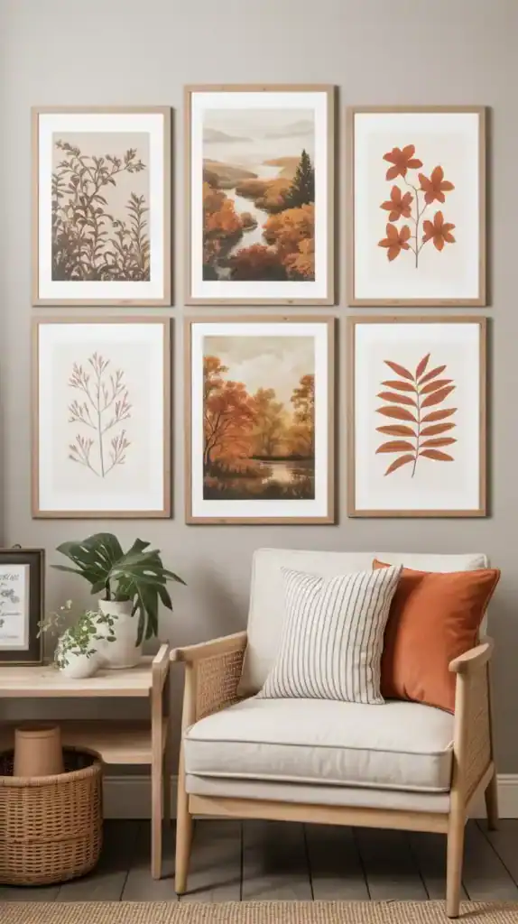 Wall art featuring warm-toned autumn landscapes and botanical prints